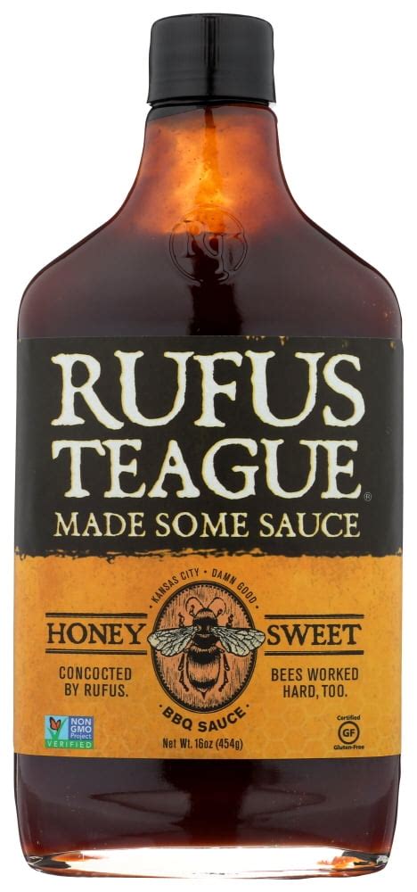 Rufus teague - 12 Pack (15.25oz Flasks) Gallon. Quantity. Canadian orders, click here. Add to Cart. Rufus Teague’s first sauce and still the most popular of all. Honey Sweet has been winning awards nearly since the day it was concocted. Thick, rich and smoky sweet. This classic Kansas City barbecue sauce is absolutely loaded with real honey and perfect for ... 